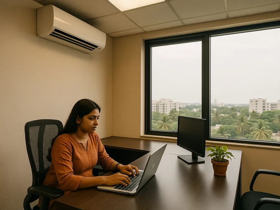 Premium executive office desk overlooking the Chennai city skyline