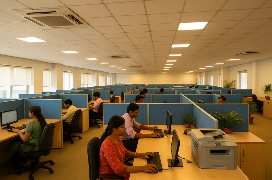 Open-plan IT office workstations with modern ambient lighting