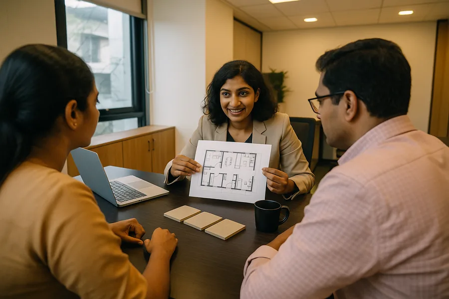 Interior design consultant explaining a commercial space plan to clients