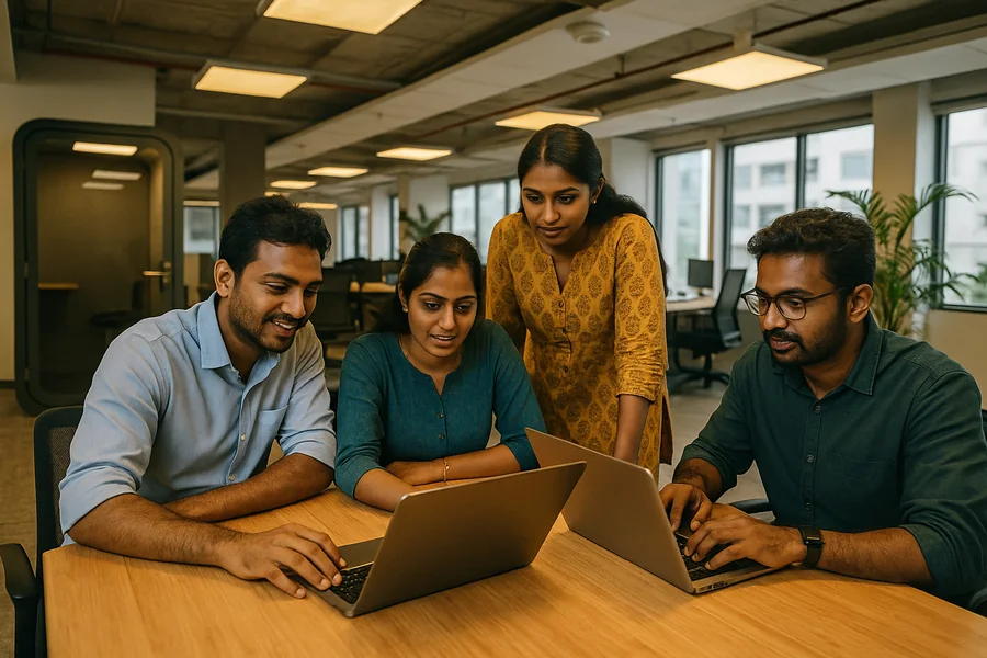 Employees collaborating around a shared table in a modern open office